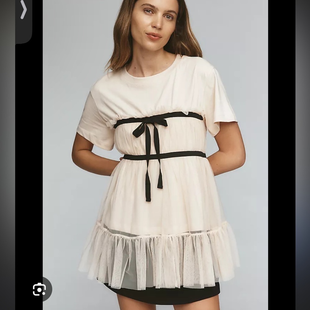 Anthropologie Cream Tulle Babydoll Dress with Black Ribbon